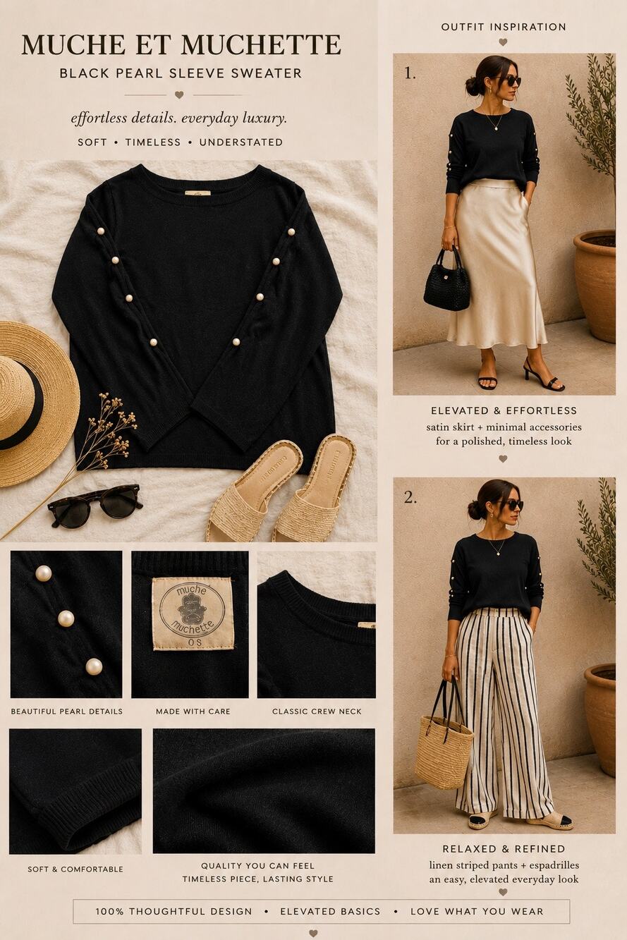 Muche et Muchette Black Pearl Embellished Sweater Soft Knit Elegant OS